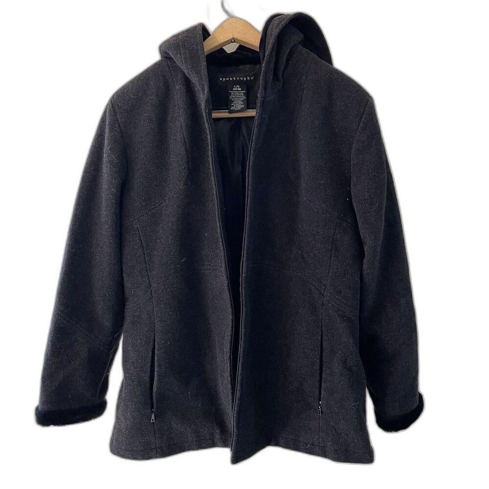 Apostrophe Wool Blend Coat Womens L Black‎ fur Trim Lined Hooded Zip penny lane